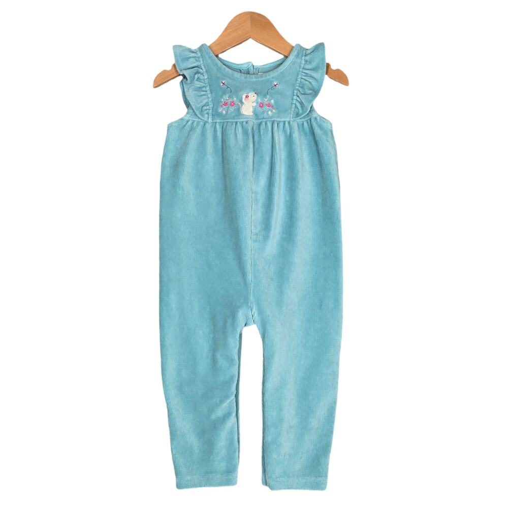 JOJO MAMAN BEBÉ GIRLS EMBROIDERED RUFFLE CORDUROY ROMPER 12–18M TURQUOISE COTTON